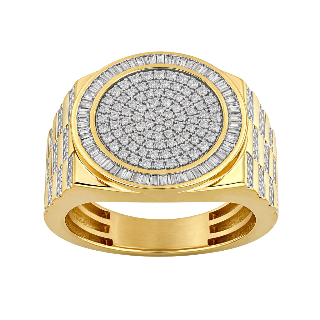 Men’S 1.00Ct Round Diamond Cluster Ring In 10K Yellow Gold With Baguette Halo Ring