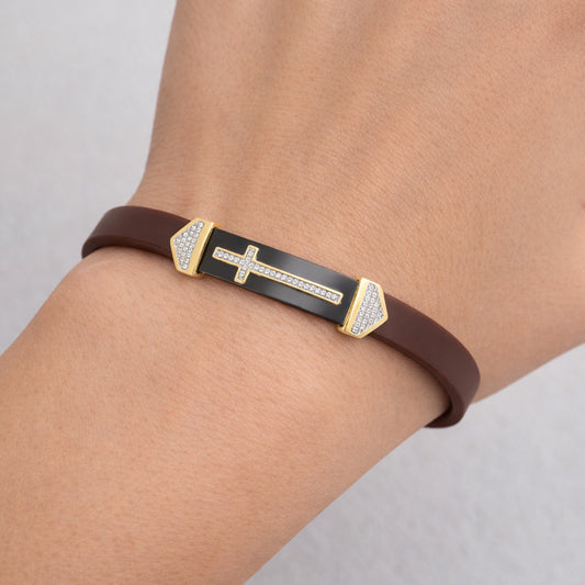 Men�S Sterling Silver Yellow  Bracelet With Brown Leather Strap And Central Black Accent � 0.25Ct
