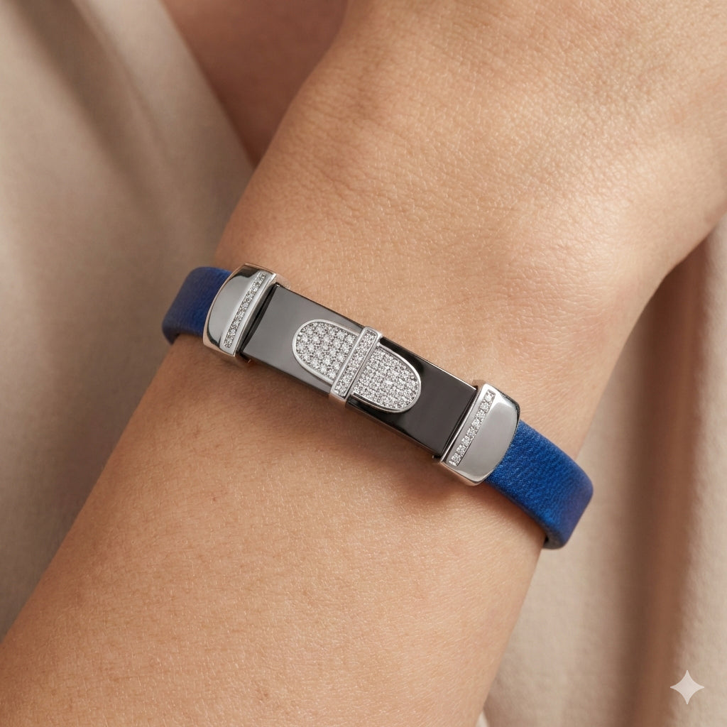 0.25 Ct Round Diamond Men’S Bracelet – Sterling Silver White With Rubber Strap (Blue/Black)