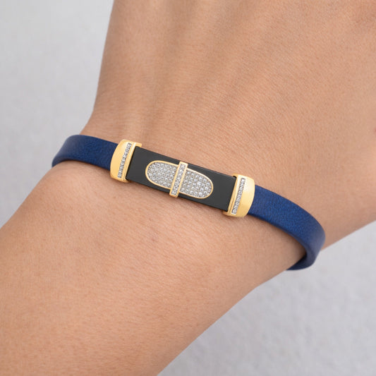 0.25 Ct Round Diamond Men�S Bracelet Yellow Gold  With Rubber Strap (Blue/Black)