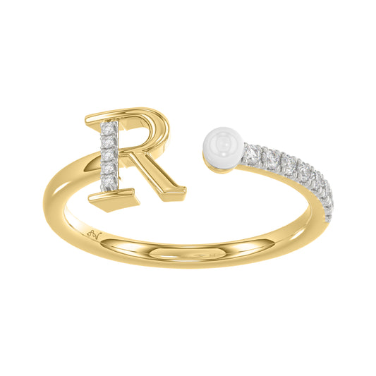 Stylish 10K Yellow Gold Ladies Ring Featuring Letter “R”, Luminous Pearl, And Round Diamond Accents. A Delicate 0.10Ct Fine Jewelry Piece.