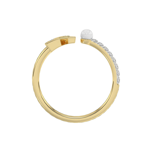 Stylish 10K Yellow Gold Ladies Ring Featuring Letter “R”, Luminous Pearl, And Round Diamond Accents. A Delicate 0.10Ct Fine Jewelry Piece.