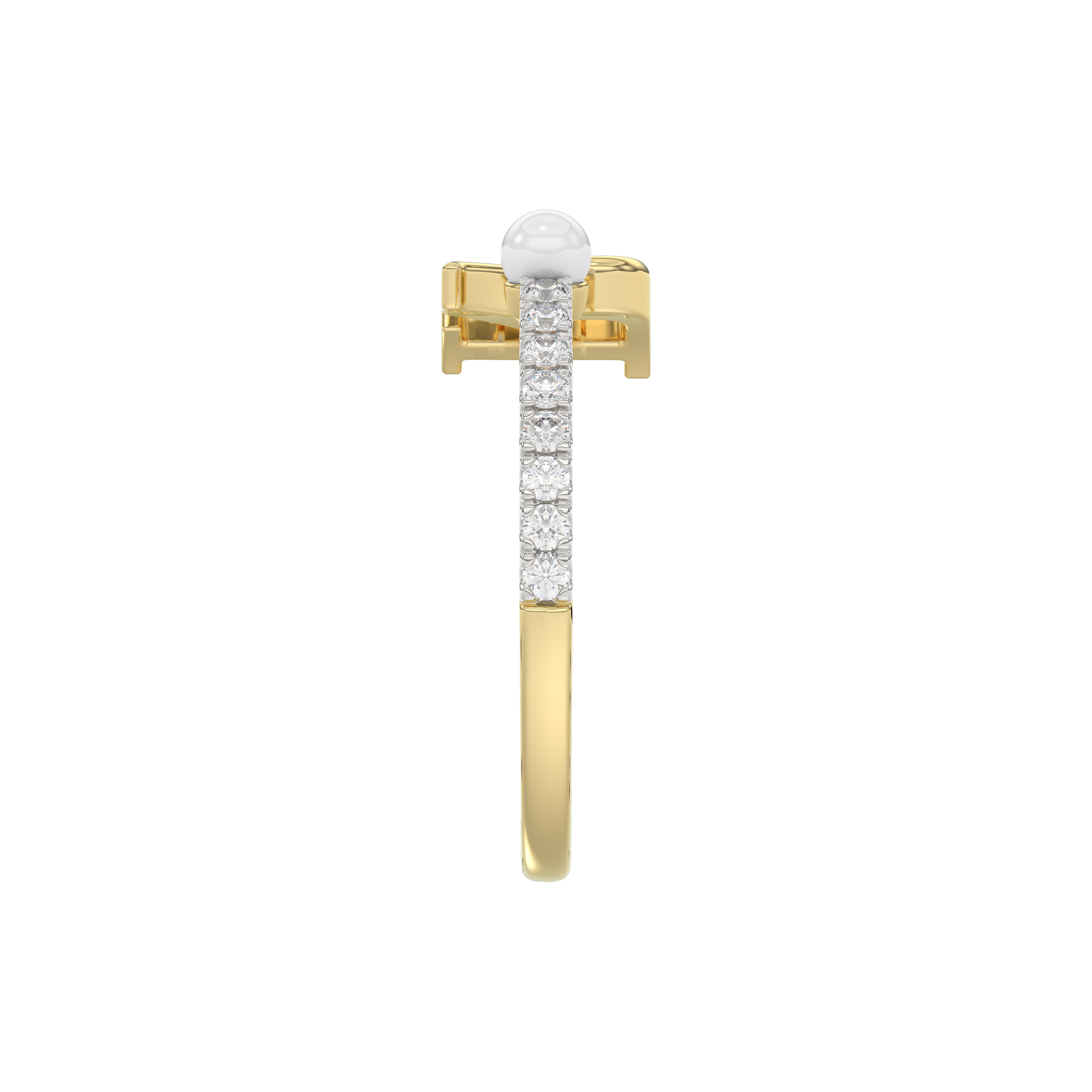 Stylish 10K Yellow Gold Ladies Ring Featuring Letter “R”, Luminous Pearl, And Round Diamond Accents. A Delicate 0.10Ct Fine Jewelry Piece.