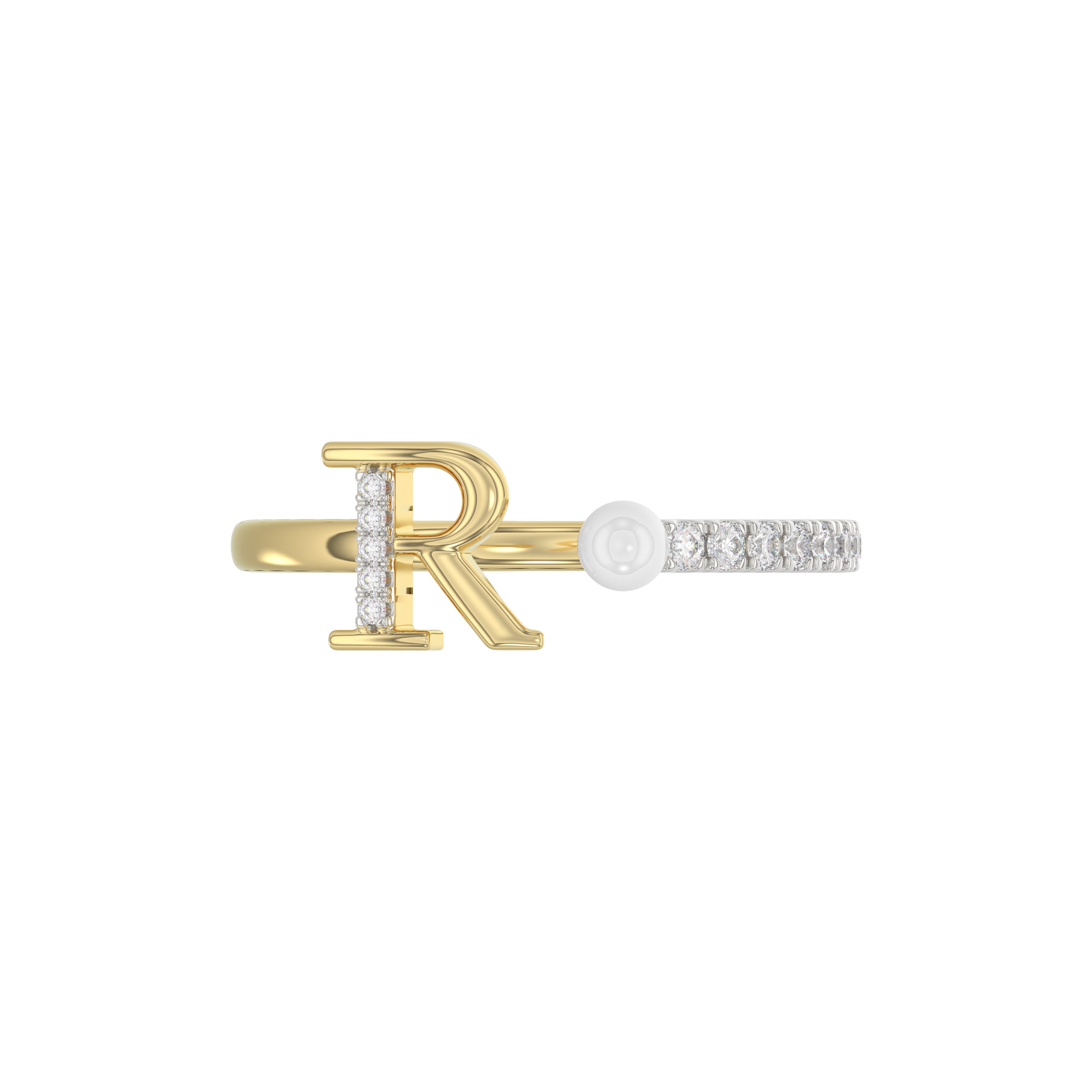 Stylish 10K Yellow Gold Ladies Ring Featuring Letter “R”, Luminous Pearl, And Round Diamond Accents. A Delicate 0.10Ct Fine Jewelry Piece.