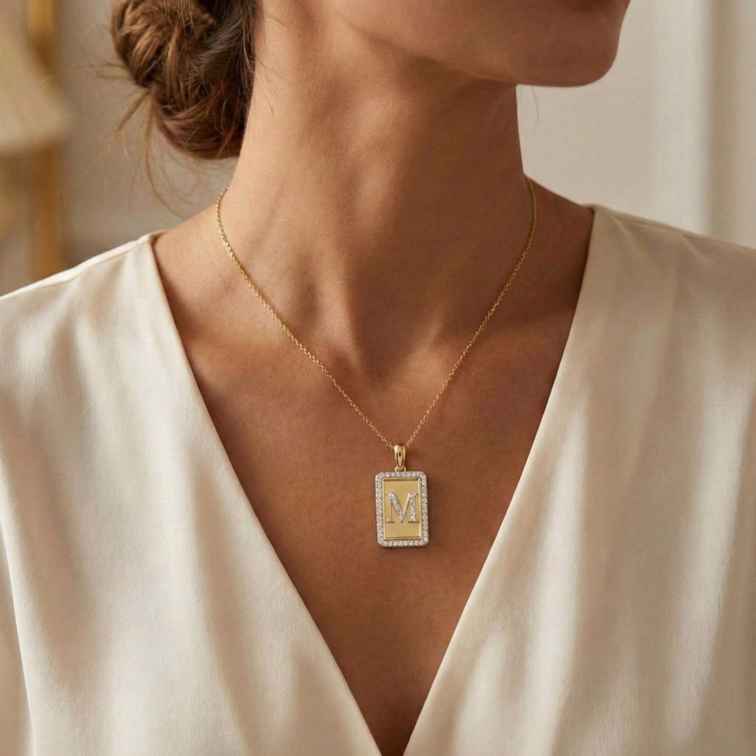 10K Yellow Gold letter 'M' Fashion Pendant With Chain - 0.20 CT Round Diamond Ladies Jewelry Gift