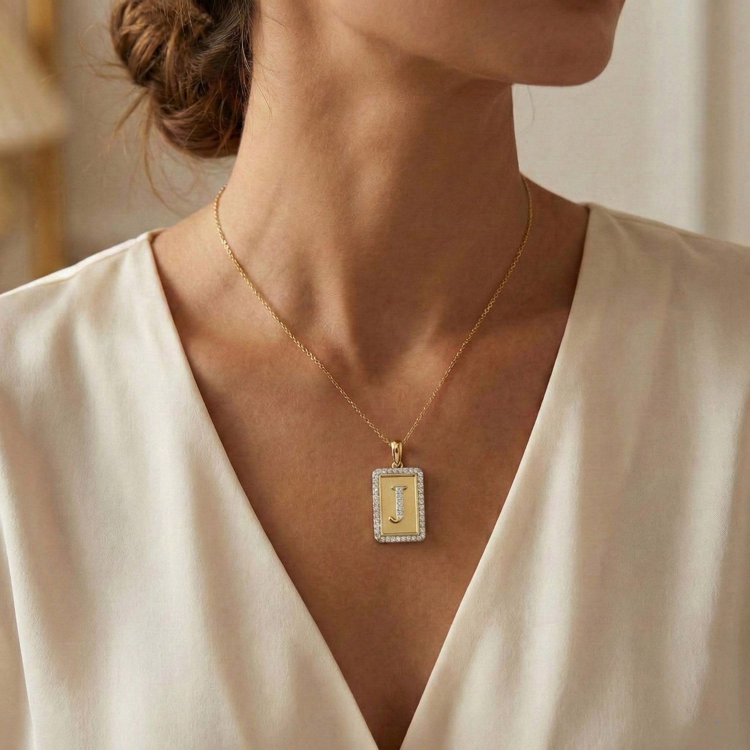 10K Yellow Gold letter 'J' Fashion Pendant With Chain - 0.20 CT Round Diamond Ladies Jewelry Gift