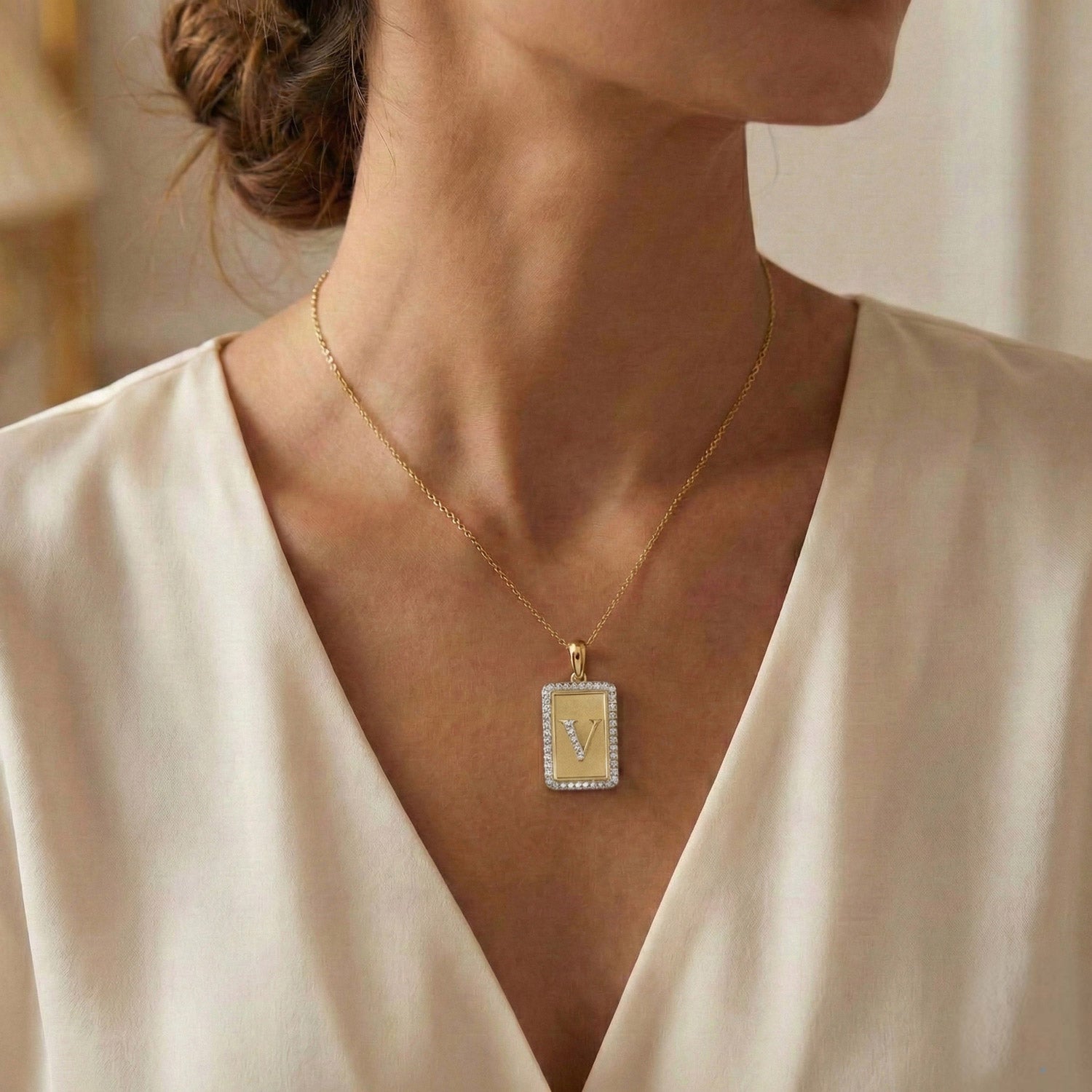 10K Yellow Gold letter 'V' Fashion Pendant With Chain - 0.20 CT Round Diamond Ladies Jewelry Gift