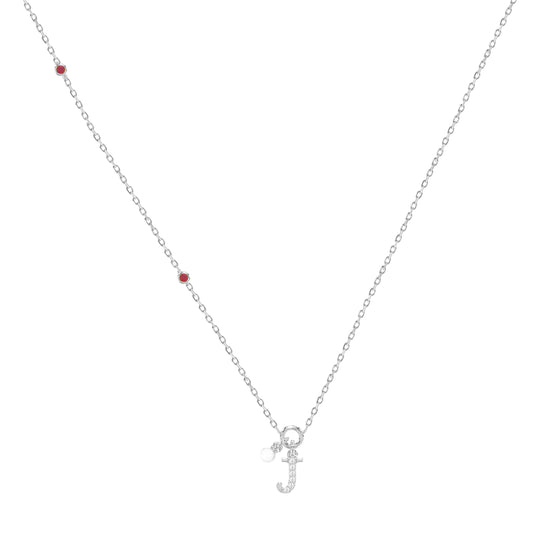 Sterling Silver Ladies 0.10CT Round/Ruby Diamond Pearl “J” Alphabet Necklace Elegant Initial Jewelry