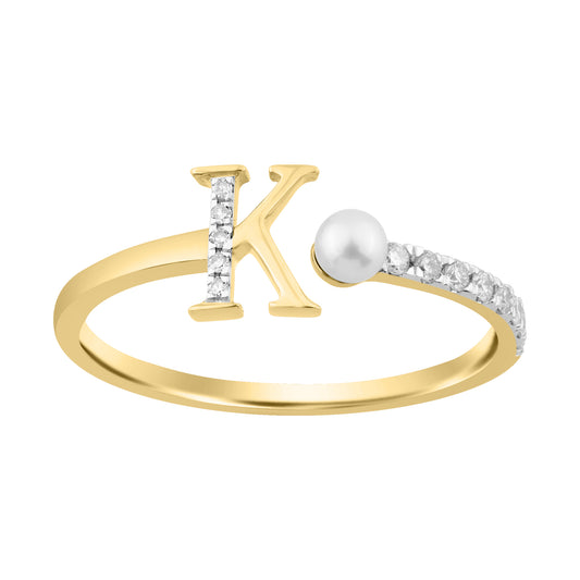 10K Yellow Gold Ladies 0.10CT Round Diamond Pearl “K” Alphabet Ring Elegant Initial Jewelry