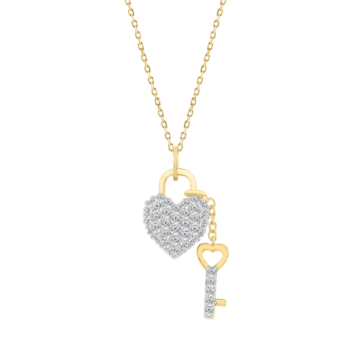10K YELLOW GOLD LADIES HEART-SHAPED LOCK AND KEY PENDANT FEATURING 0.25CT ROUND DIAMOND, CHAIN INCLUDED