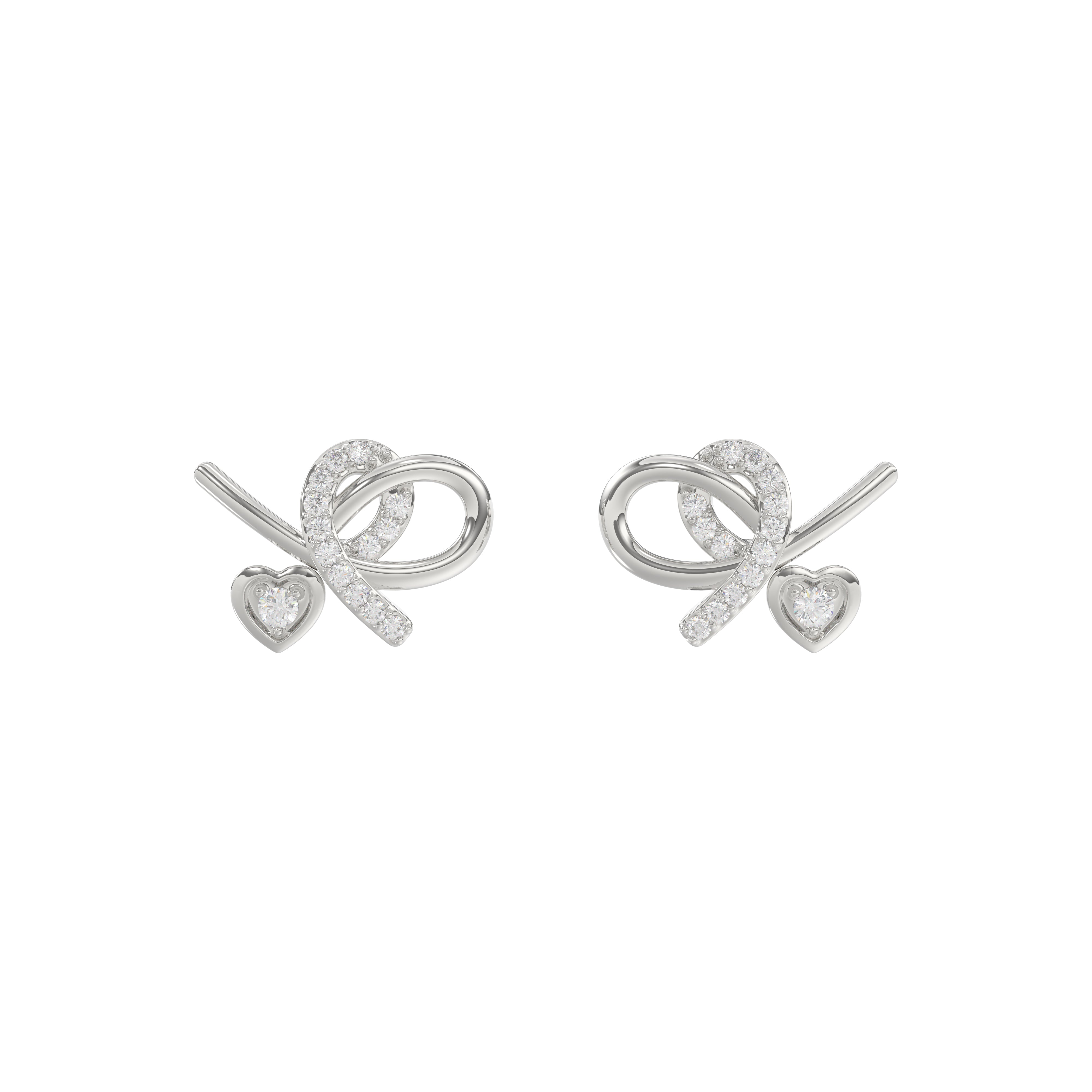 Elegant 10K White Gold Ladies Earrings Featuring A Clustered Heart Design With Twisted Detailing And 0.10 Ct Round Diamonds. Romantic Fine Jewelry For