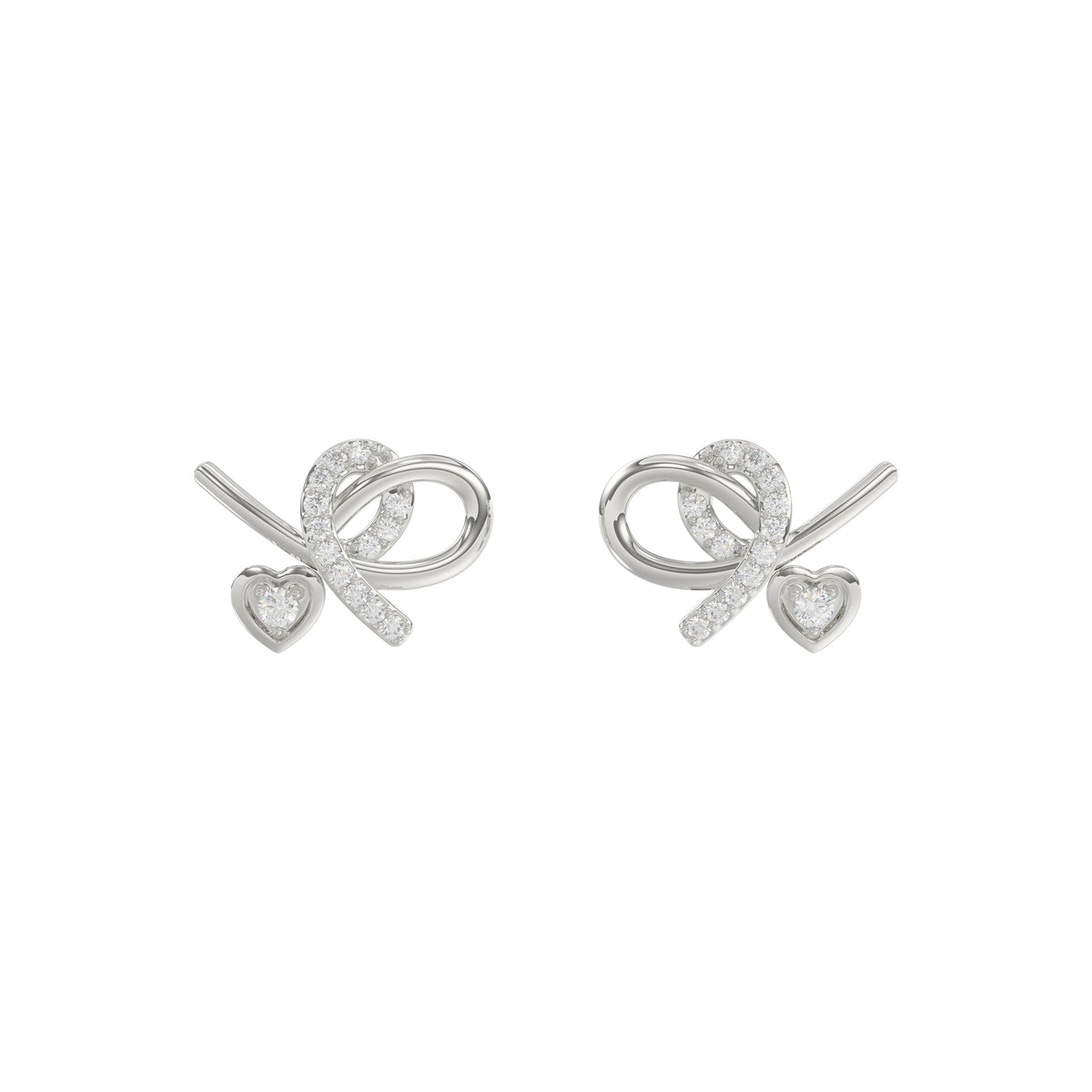 Elegant 10K White Gold Ladies Earrings Featuring A Clustered Heart Design With Twisted Detailing And 0.10 Ct Round Diamonds. Romantic Fine Jewelry For