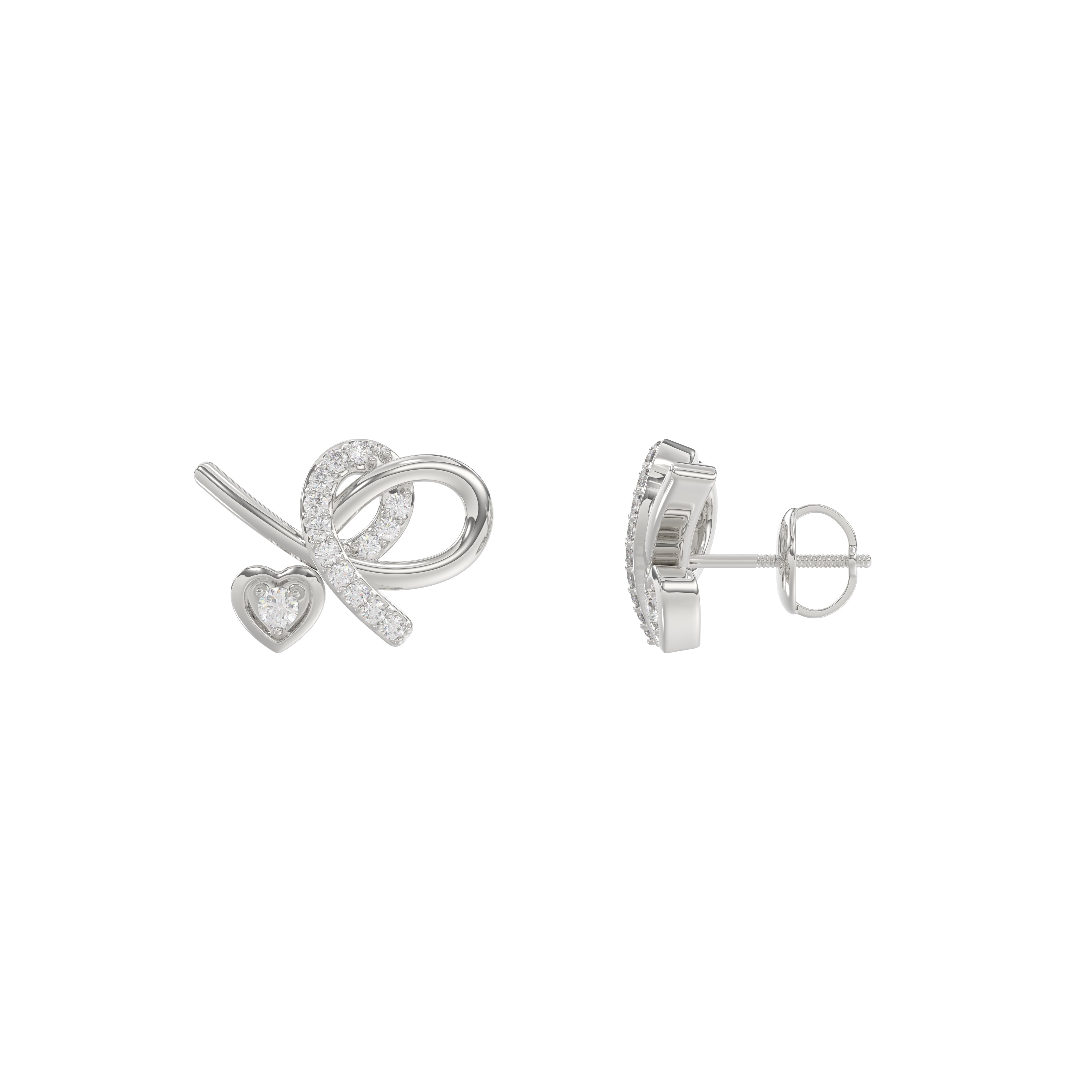 Elegant 10K White Gold Ladies Earrings Featuring A Clustered Heart Design With Twisted Detailing And 0.10 Ct Round Diamonds. Romantic Fine Jewelry For