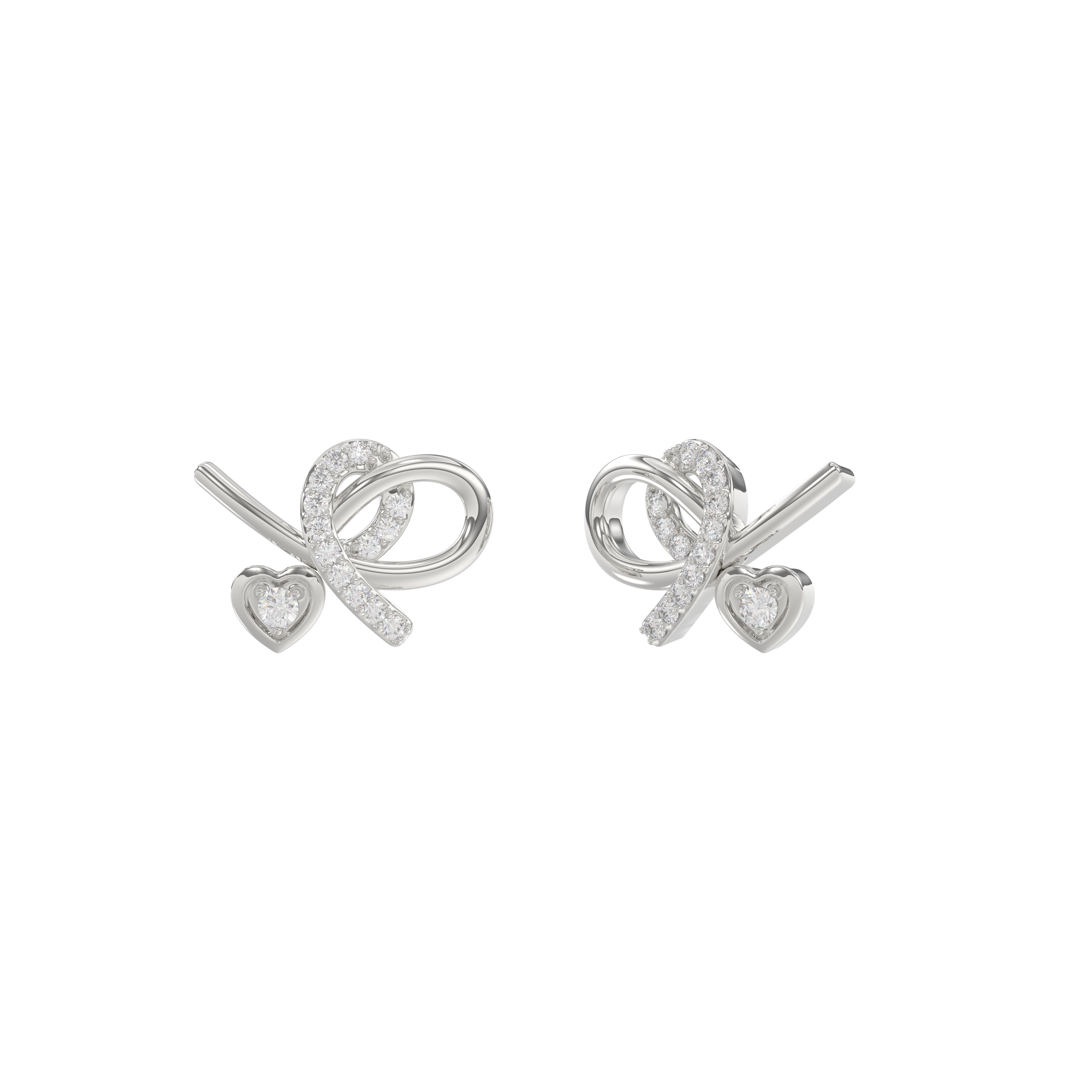 Elegant 10K White Gold Ladies Earrings Featuring A Clustered Heart Design With Twisted Detailing And 0.10 Ct Round Diamonds. Romantic Fine Jewelry For