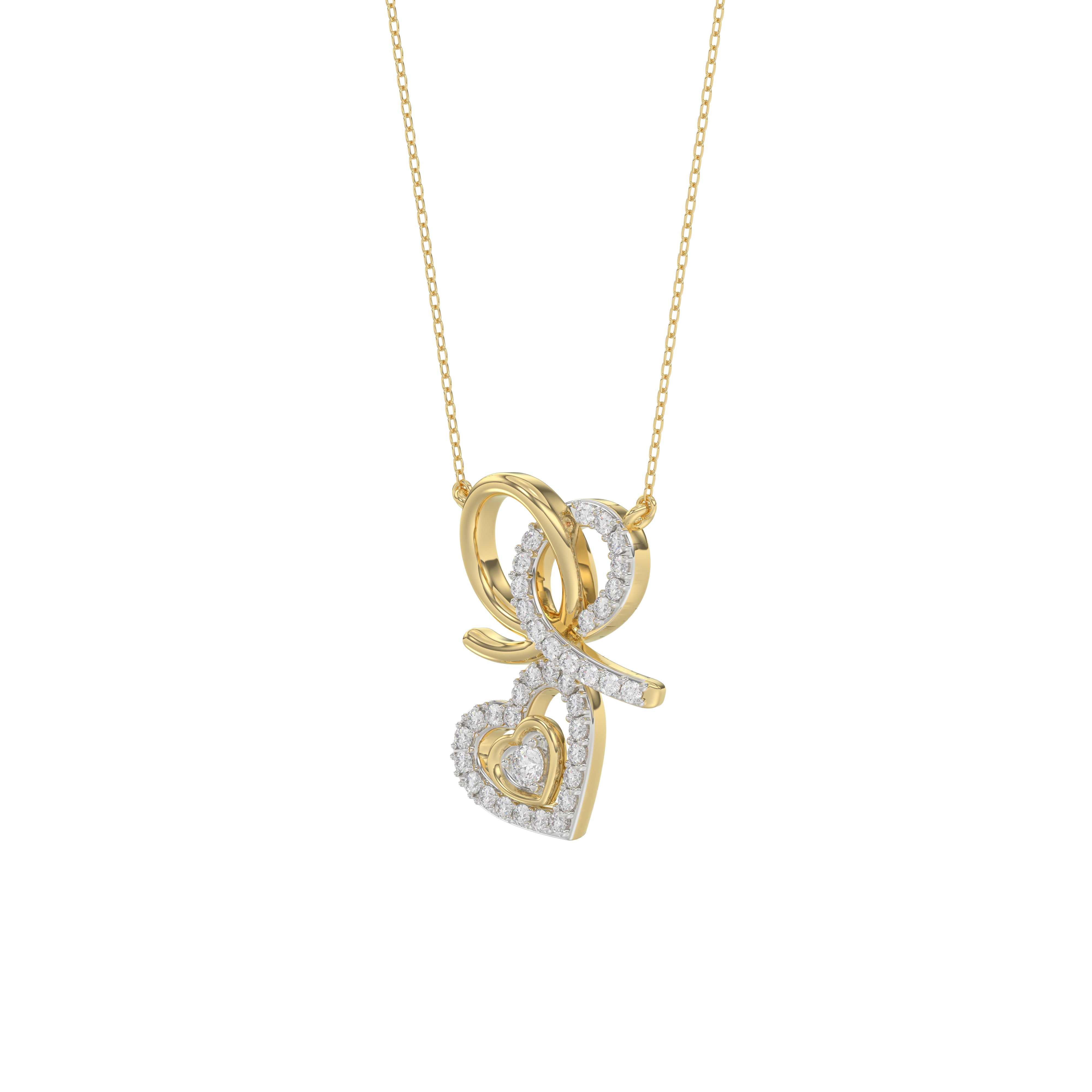 Stylish 10K Yellow Gold 0.15Ct Ladies Necklace Featuring Intertwined Double Hearts And Diamond Accents. A Delicate And Elegant Fine Jewelry