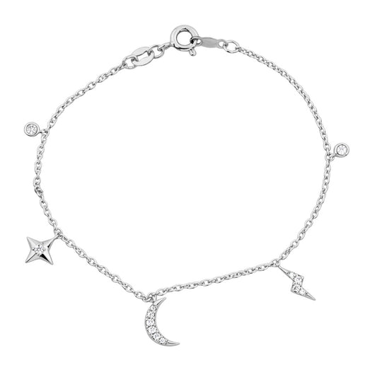 Women�S Sterling Silver White Bracelet � 0.20Ct Round Diamonds, Stars & Moon Design
