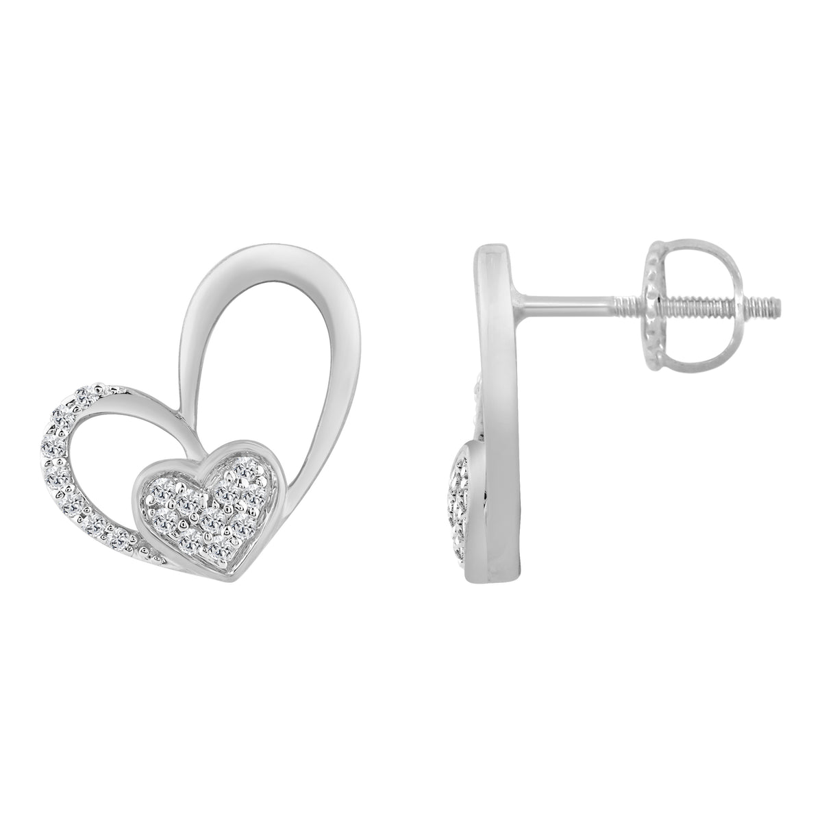 10K WHITE GOLD DOUBLE HEART DIAMOND EARRING FOR LADIES 0.15CT ROUND DIAMOND