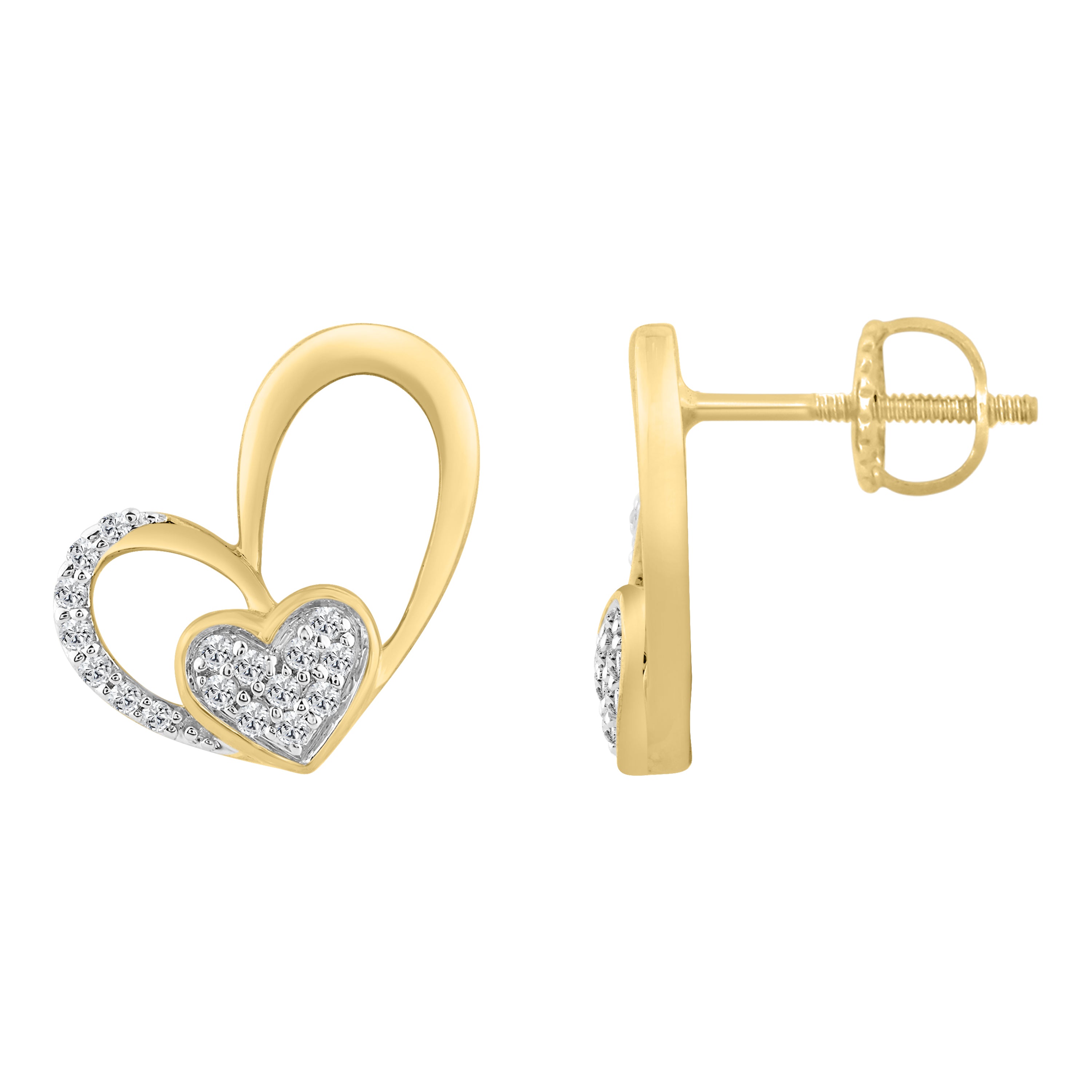 10K YELLOW GOLD DOUBLE HEART DIAMOND EARRING FOR LADIES 0.15CT ROUND DIAMOND