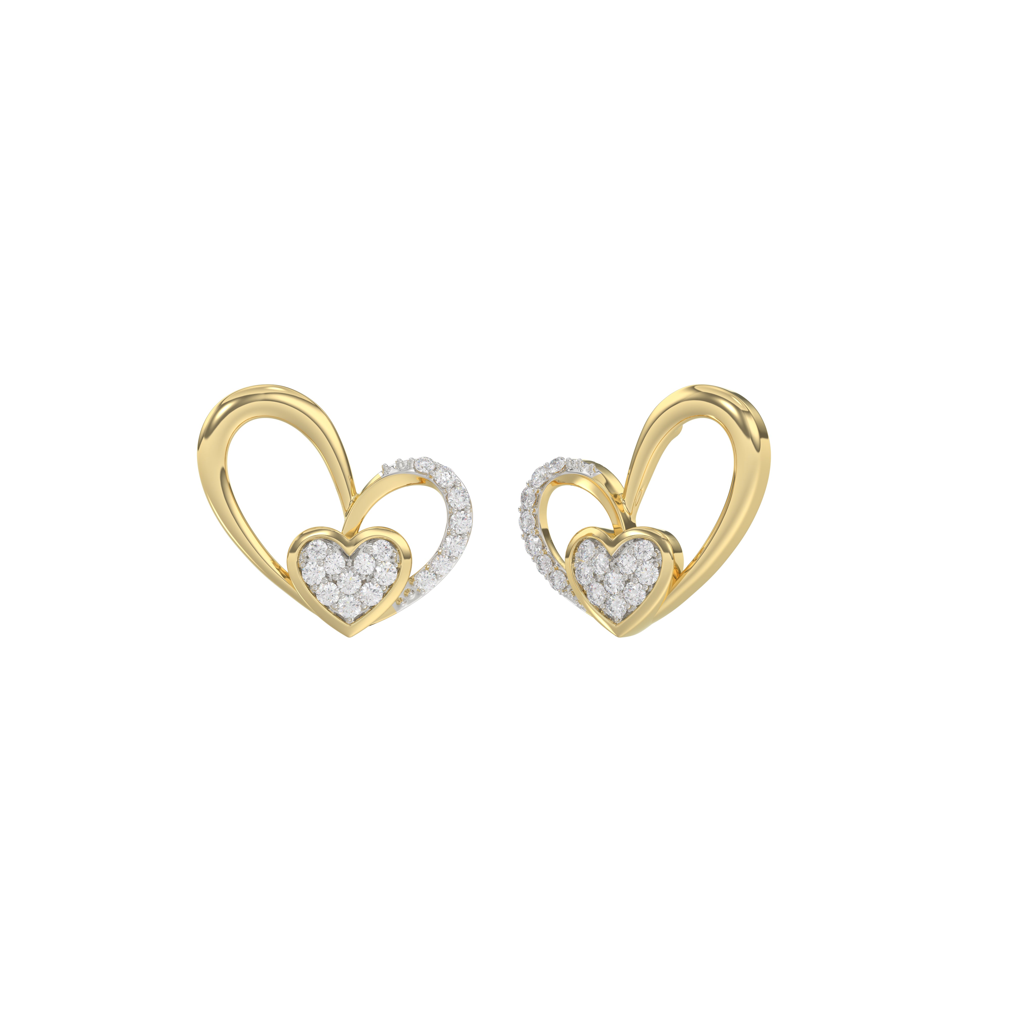 Elegant 10K Yellow Gold Fashion Earrings Featuring A Double Heart Design With 0.15 Ct Round Diamonds. A Romantic And Stylish Ladies Jewelry
