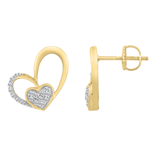 10K YELLOW GOLD DOUBLE HEART DIAMOND EARRING FOR LADIES 0.15CT ROUND DIAMOND