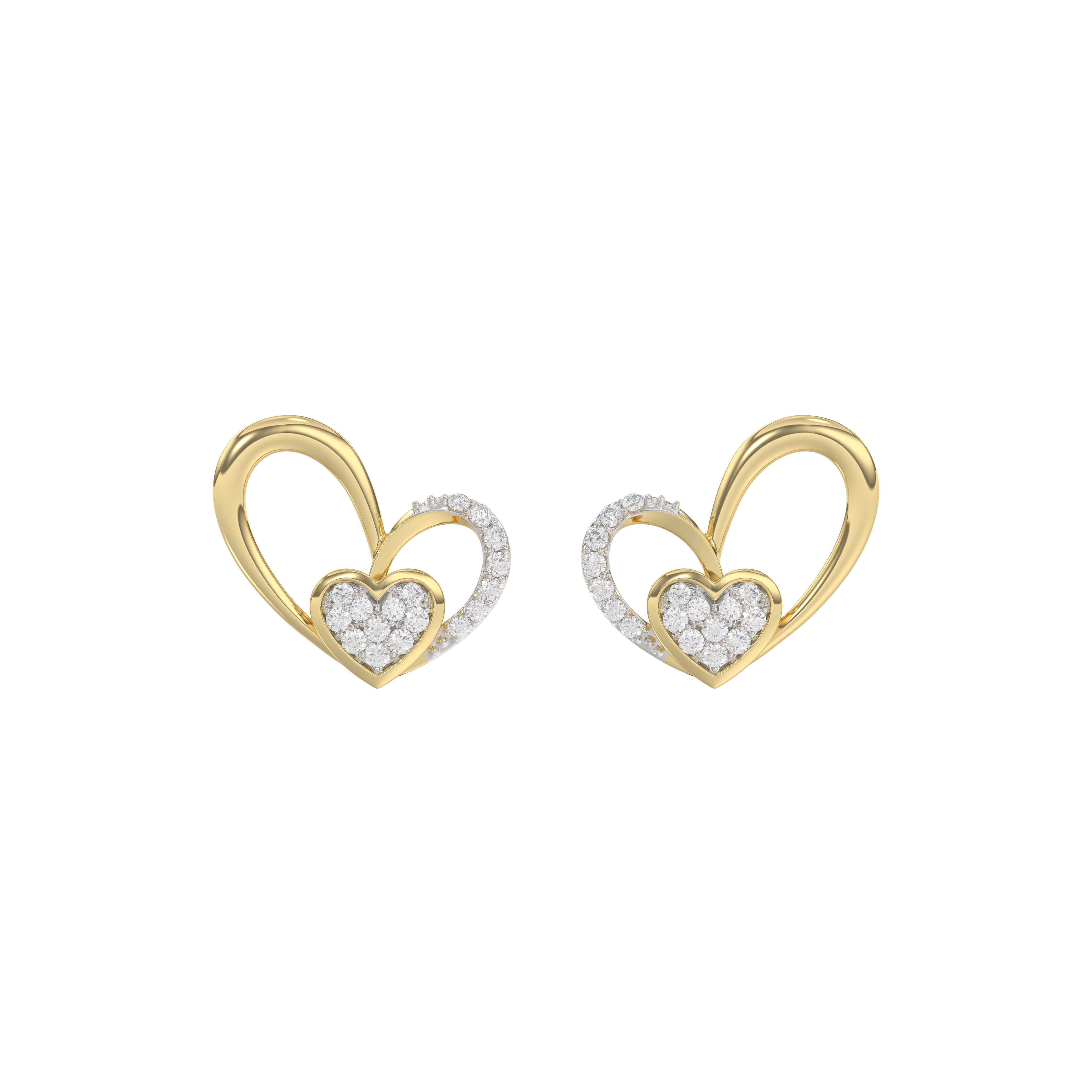 Elegant 10K Yellow Gold Fashion Earrings Featuring A Double Heart Design With 0.15 Ct Round Diamonds. A Romantic And Stylish Ladies Jewelry