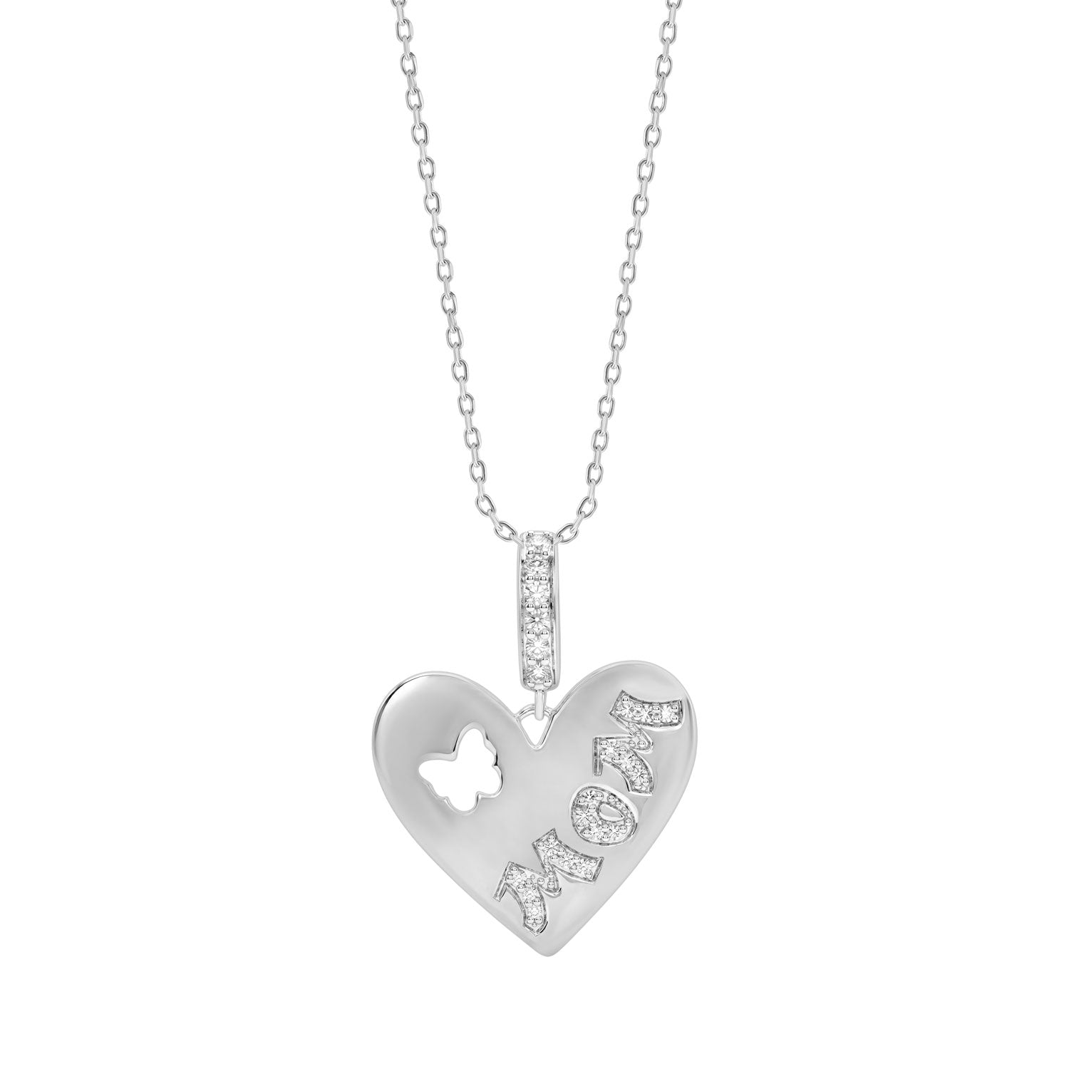 Mom Heart Pendant With Chain For Women 0.10Ct Round Diamond Yellow Gold Finish Butterfly Design Pendant