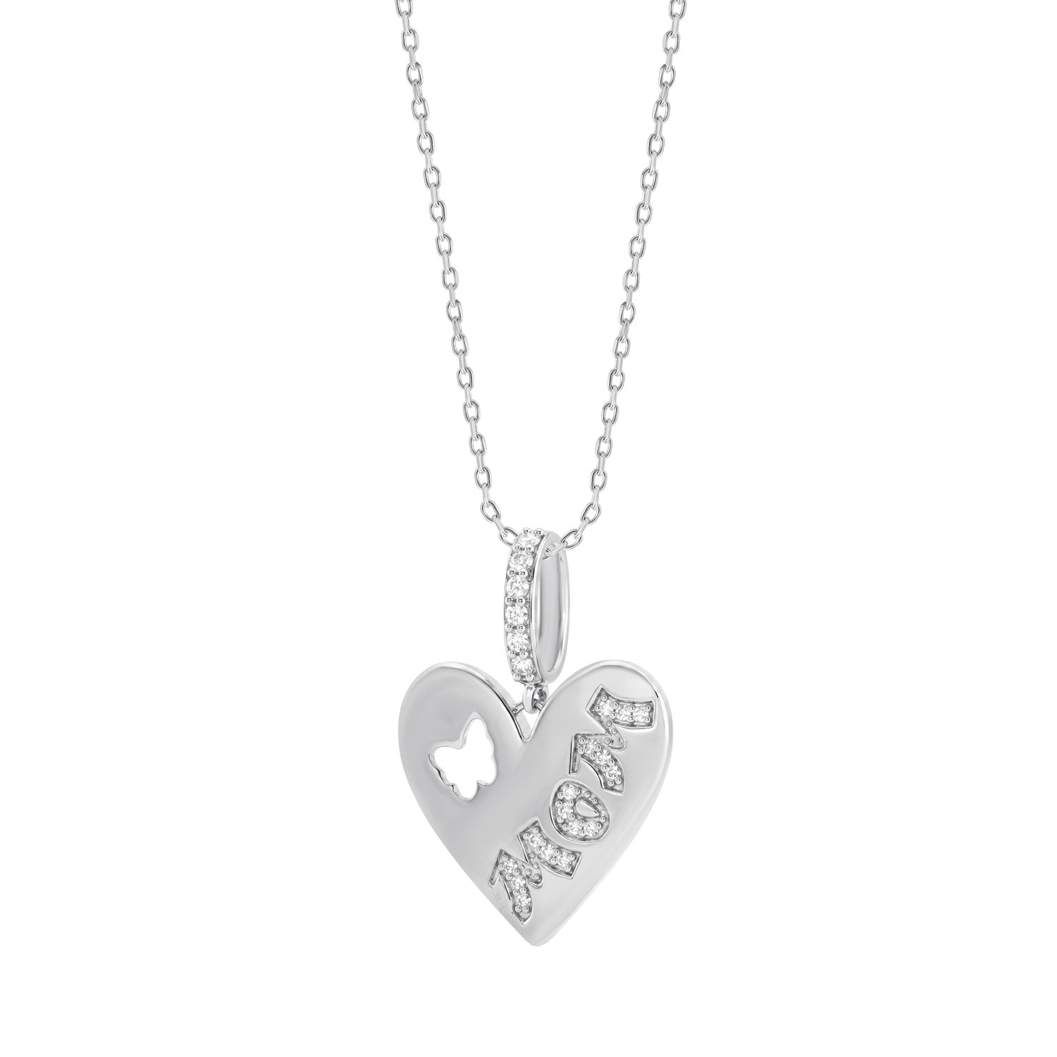 Mom Heart Pendant With Chain For Women 0.10Ct Round Diamond Yellow Gold Finish Butterfly Design Pendant