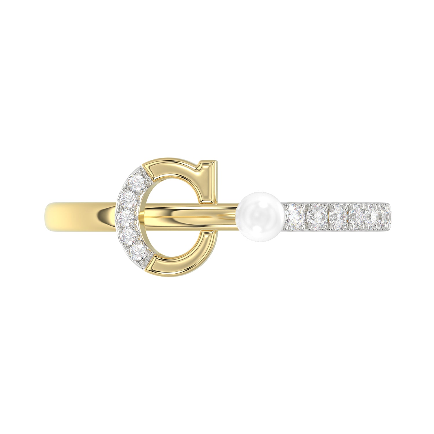 Women’S 10K Yellow Gold Letter “C” Diamond & Pearl Ring 0.10Ct Round Diamond Fine Jewelry