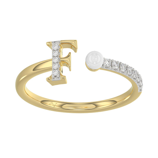 Women’S 10K Yellow Gold Letter “F” Diamond & Pearl Ring 0.10Ct Round Diamond Fine Jewelry