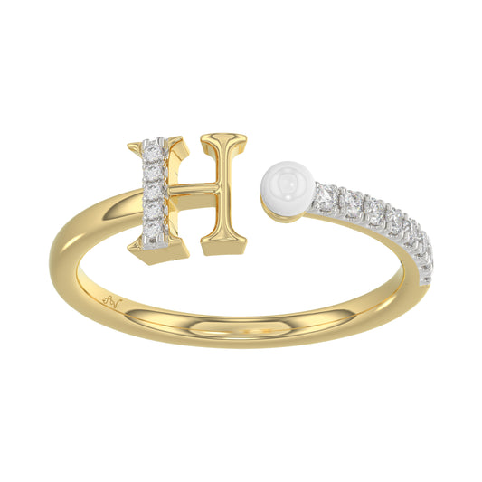 Stylish 10K Yellow Gold Ladies Ring Featuring Letter “H”, Luminous Pearl, And Round Diamond Accents. A Delicate 0.10Ct Fine Jewelry Piece.
