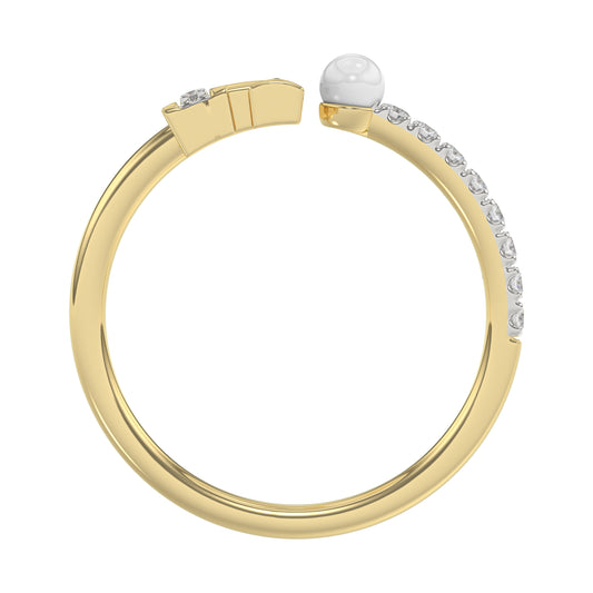 Stylish 10K Yellow Gold Ladies Ring Featuring Letter “H”, Luminous Pearl, And Round Diamond Accents. A Delicate 0.10Ct Fine Jewelry Piece.