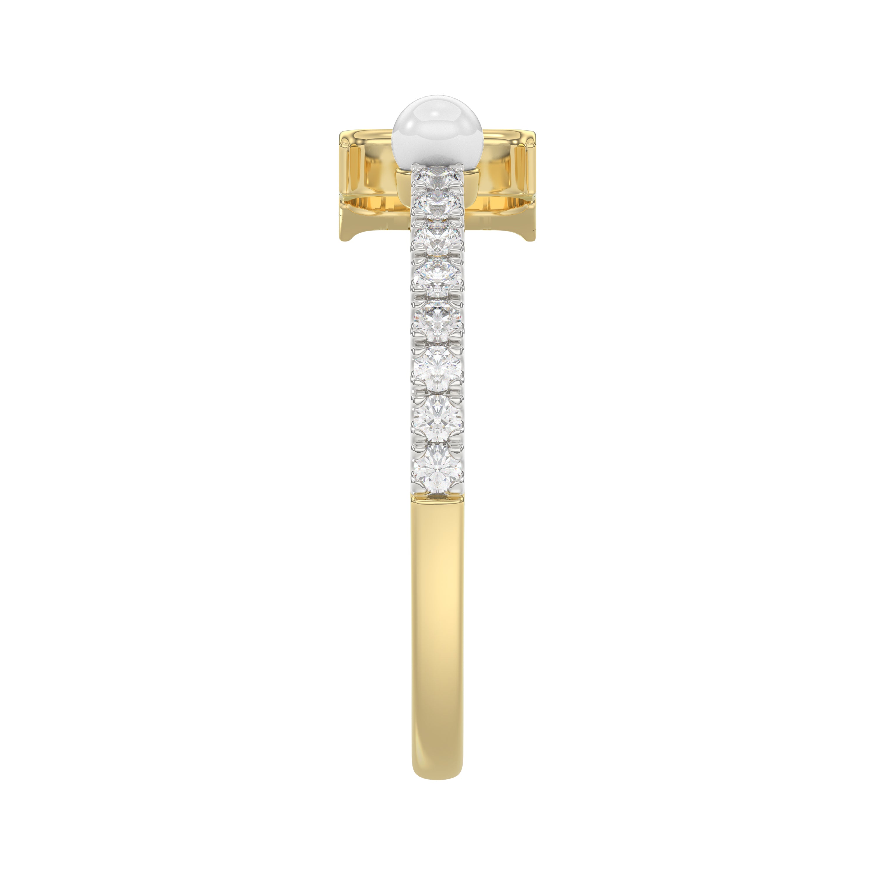 Stylish 10K Yellow Gold Ladies Ring Featuring Letter “H”, Luminous Pearl, And Round Diamond Accents. A Delicate 0.10Ct Fine Jewelry Piece.
