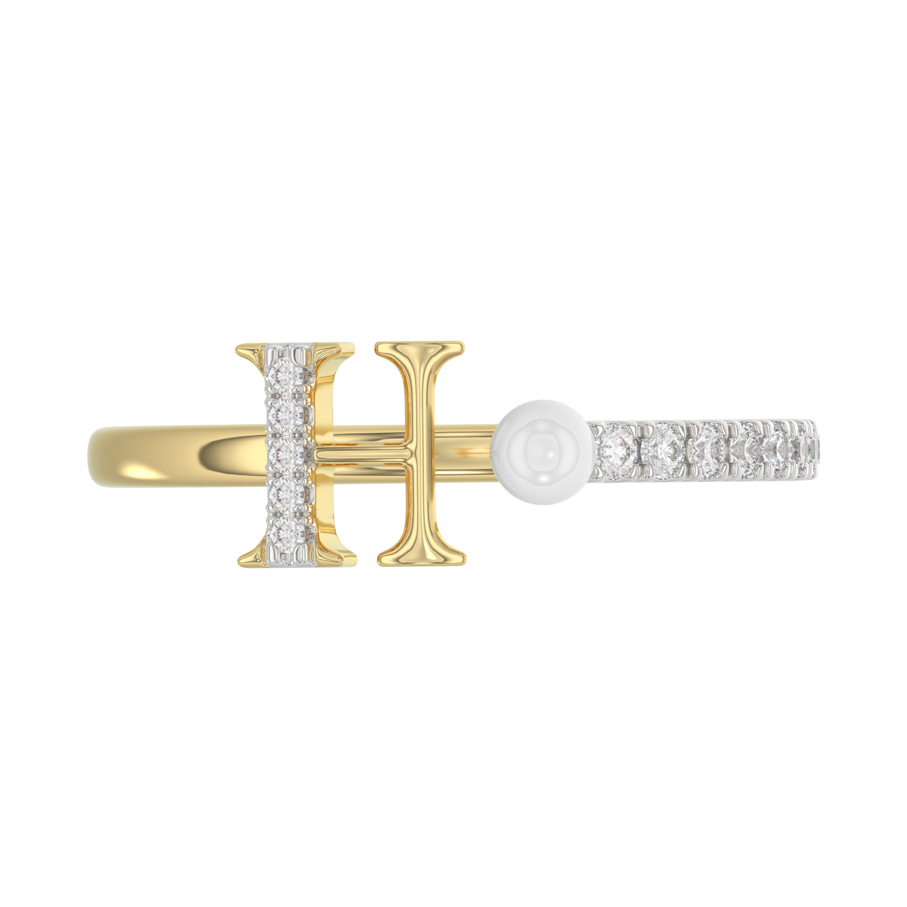 Stylish 10K Yellow Gold Ladies Ring Featuring Letter “H”, Luminous Pearl, And Round Diamond Accents. A Delicate 0.10Ct Fine Jewelry Piece.