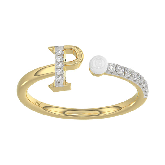 Stylish 10K Yellow Gold Ladies Ring Featuring Letter “P”, Luminous Pearl, And Round Diamond Accents. A Delicate 0.10Ct Fine Jewelry Piece.