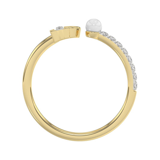 Stylish 10K Yellow Gold Ladies Ring Featuring Letter “P”, Luminous Pearl, And Round Diamond Accents. A Delicate 0.10Ct Fine Jewelry Piece.