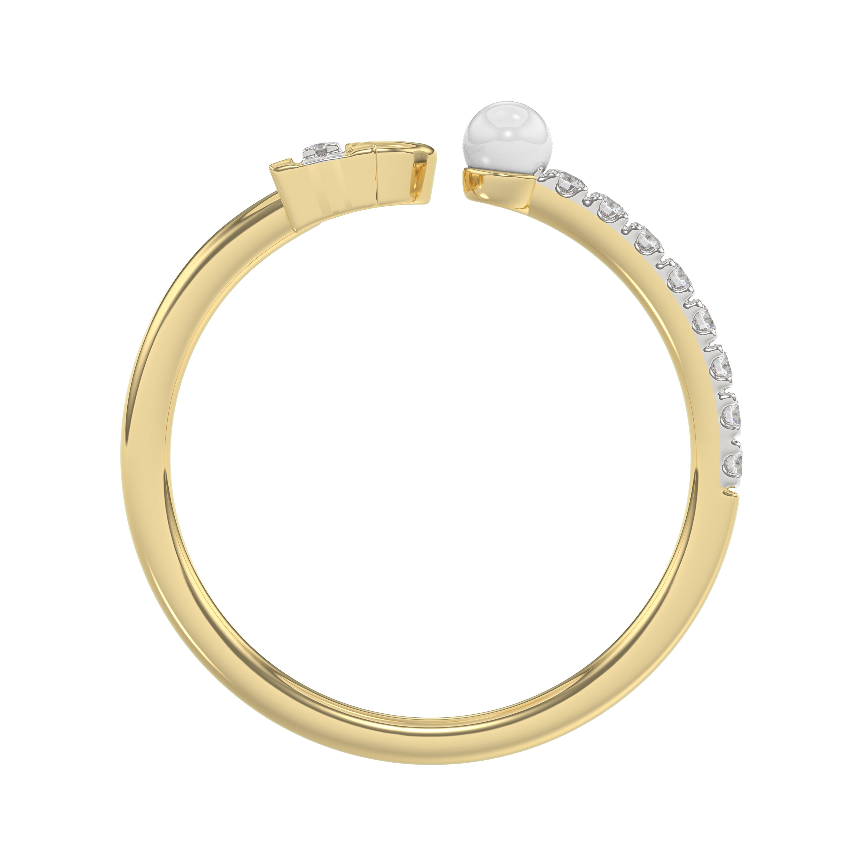 Stylish 10K Yellow Gold Ladies Ring Featuring Letter “P”, Luminous Pearl, And Round Diamond Accents. A Delicate 0.10Ct Fine Jewelry Piece.