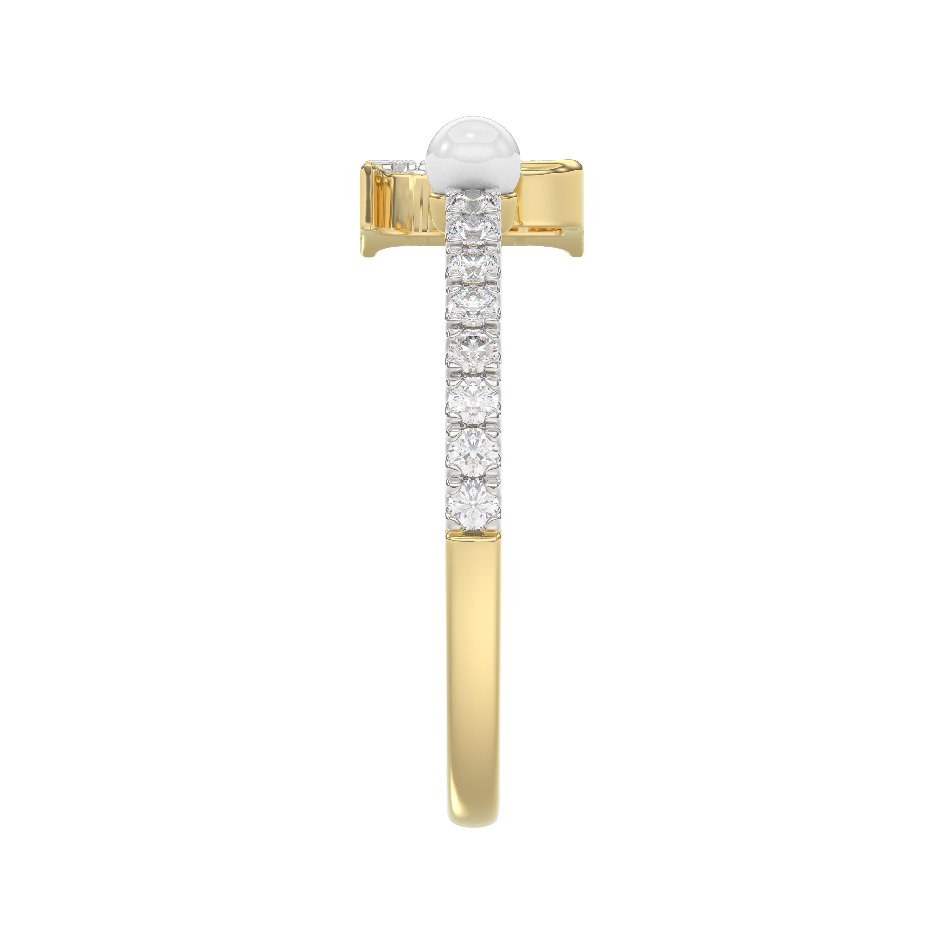 Stylish 10K Yellow Gold Ladies Ring Featuring Letter “P”, Luminous Pearl, And Round Diamond Accents. A Delicate 0.10Ct Fine Jewelry Piece.