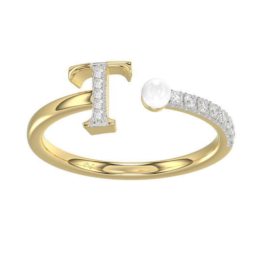 Women�S 10K Yellow Gold Letter �T� Diamond & Pearl Ring 0.10Ct Round Diamond Fine Jewelry