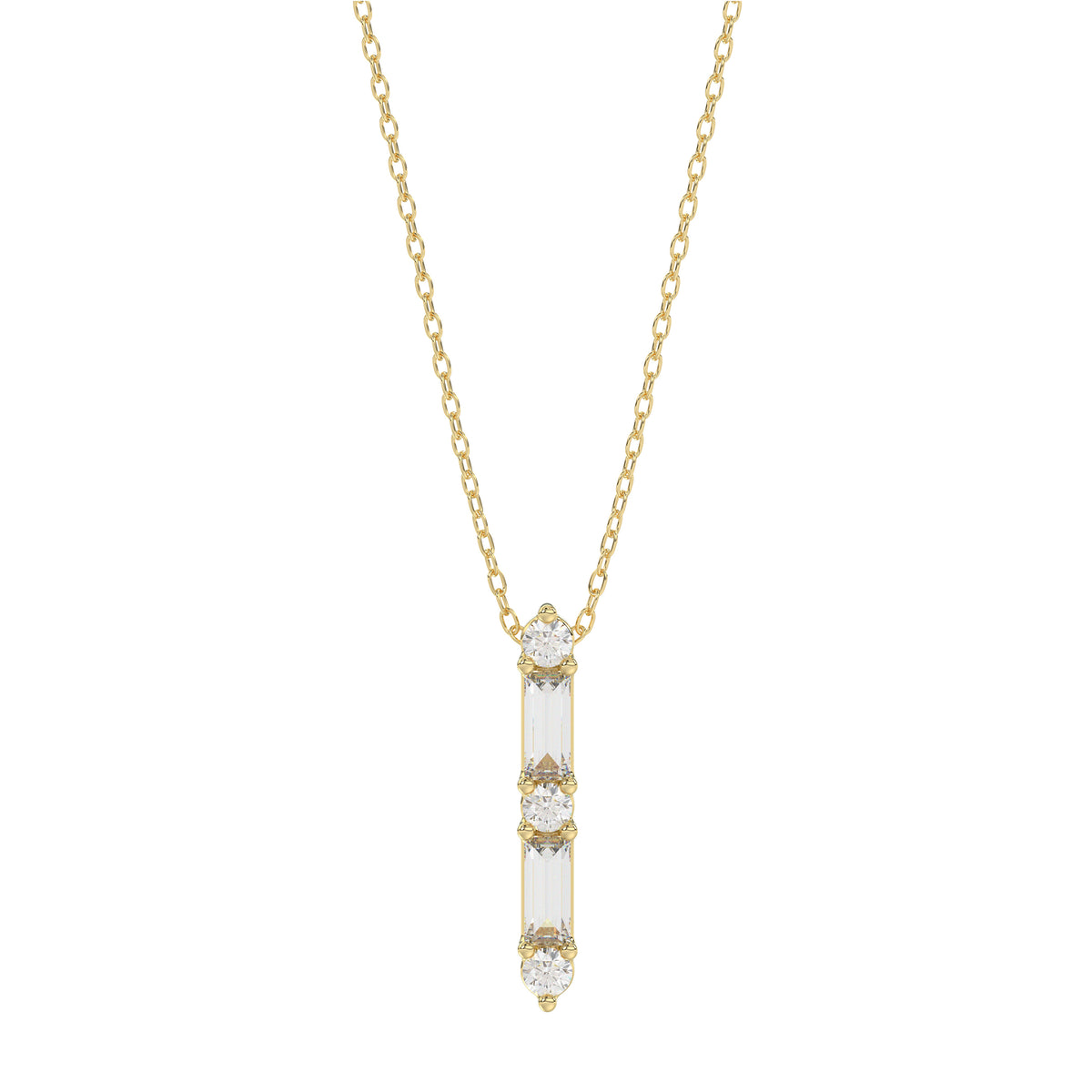 10K Yellow Gold 0.10Ct Diamond Pendant With Chain Featuring Round And Baguette Accents. A Simple Yet Sophisticated Ladies Fine Jewelry Piece.