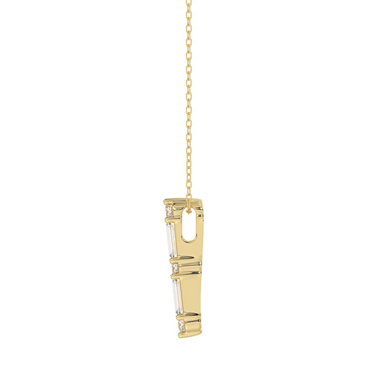 10K Yellow Gold 0.10Ct Diamond Pendant With Chain Featuring Round And Baguette Accents. A Simple Yet Sophisticated Ladies Fine Jewelry Piece.