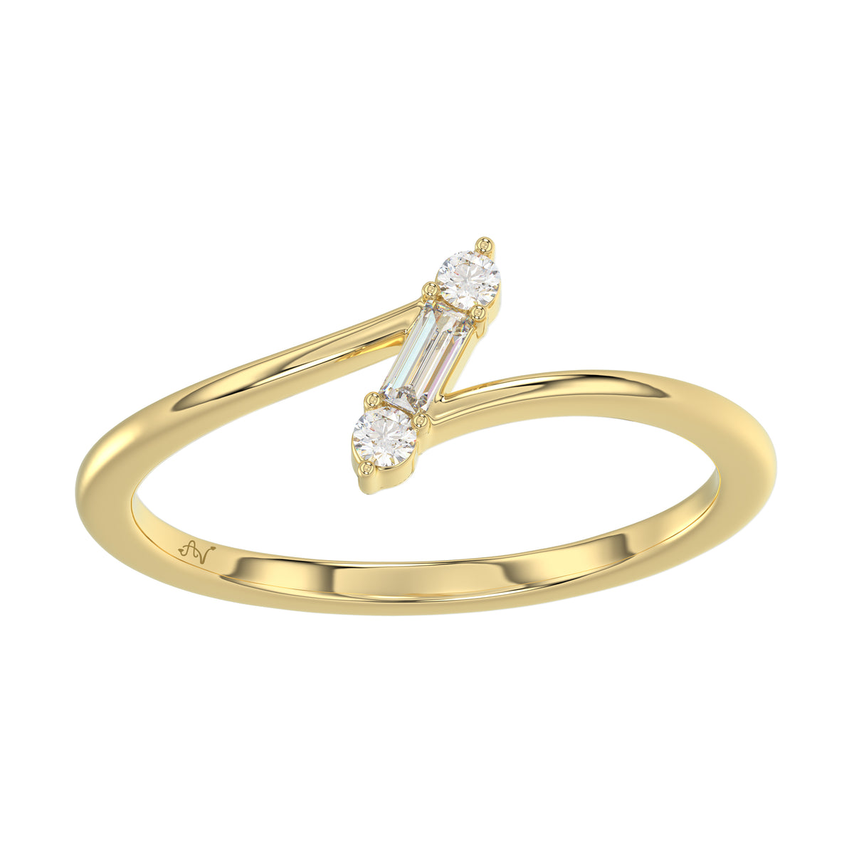 10K Yellow Gold 0.10Ct Diamond Ring Featuring Round And Baguette Accents. A Simple Yet Sophisticated Ladies Fine Jewelry