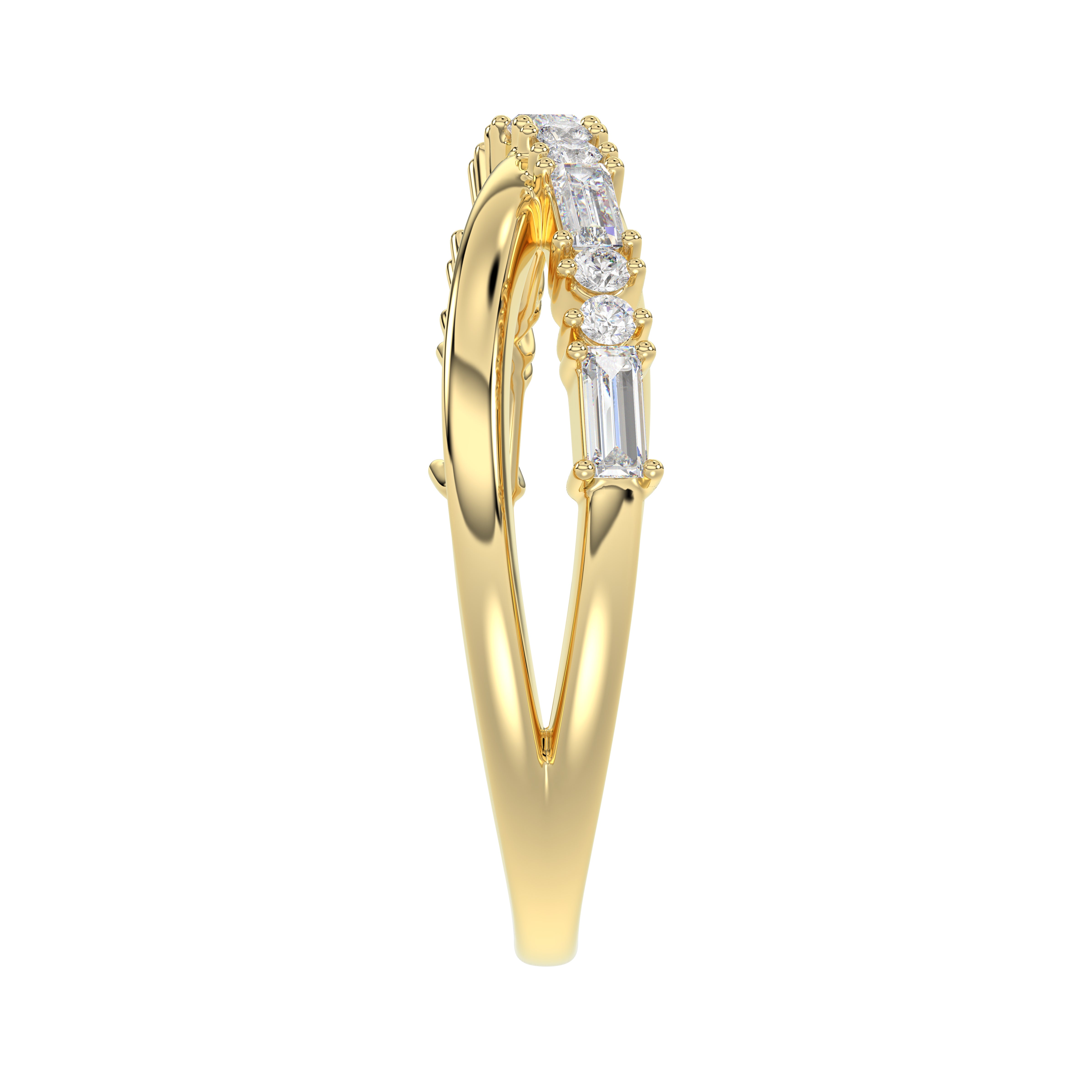 Elegant 10K Yellow Gold Ladies Crossover Ring Featuring Alternating Round And Baguette Diamonds 0.20 Ct. A Modern Fine Jewelry Design For Women.