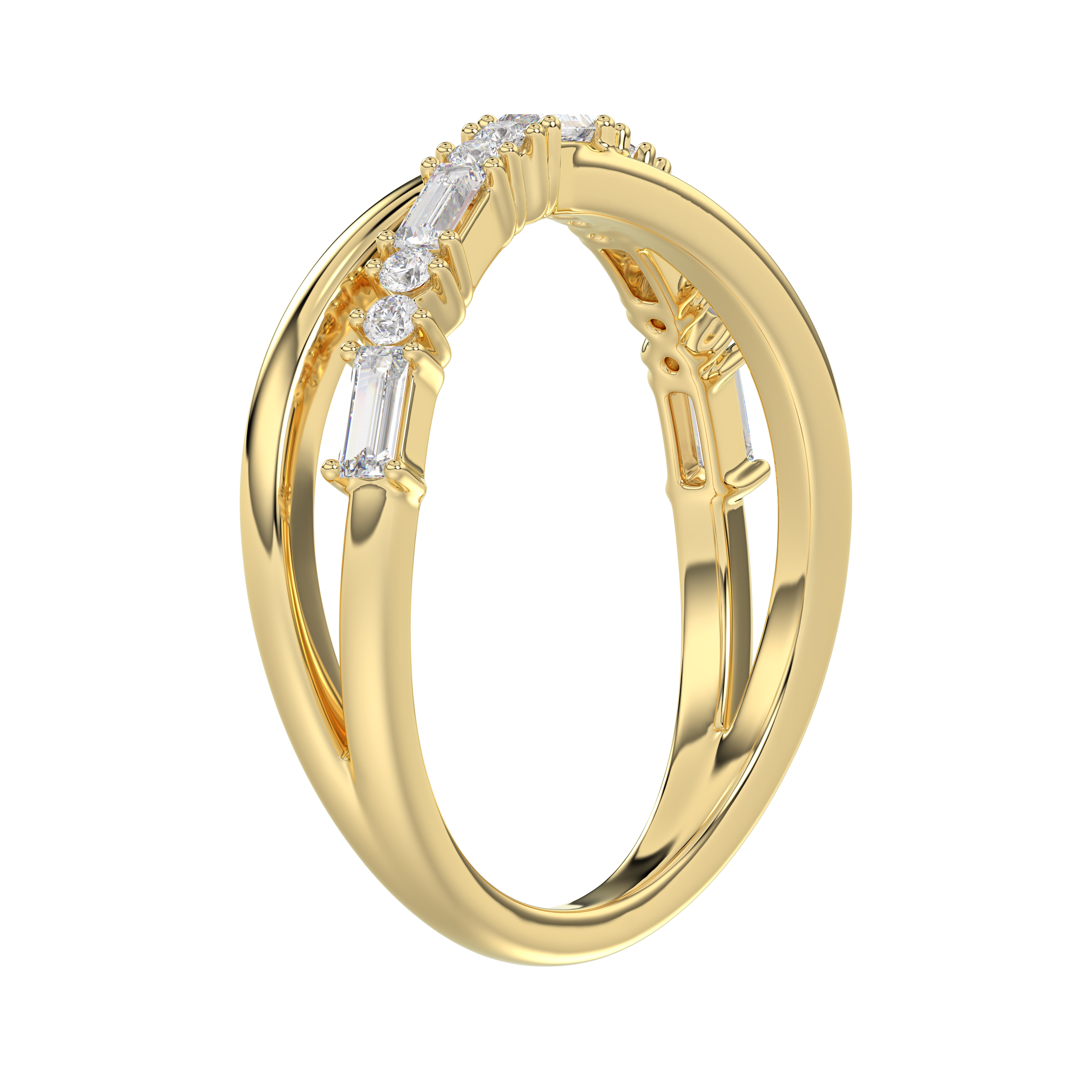 Elegant 10K Yellow Gold Ladies Crossover Ring Featuring Alternating Round And Baguette Diamonds 0.20 Ct. A Modern Fine Jewelry Design For Women.