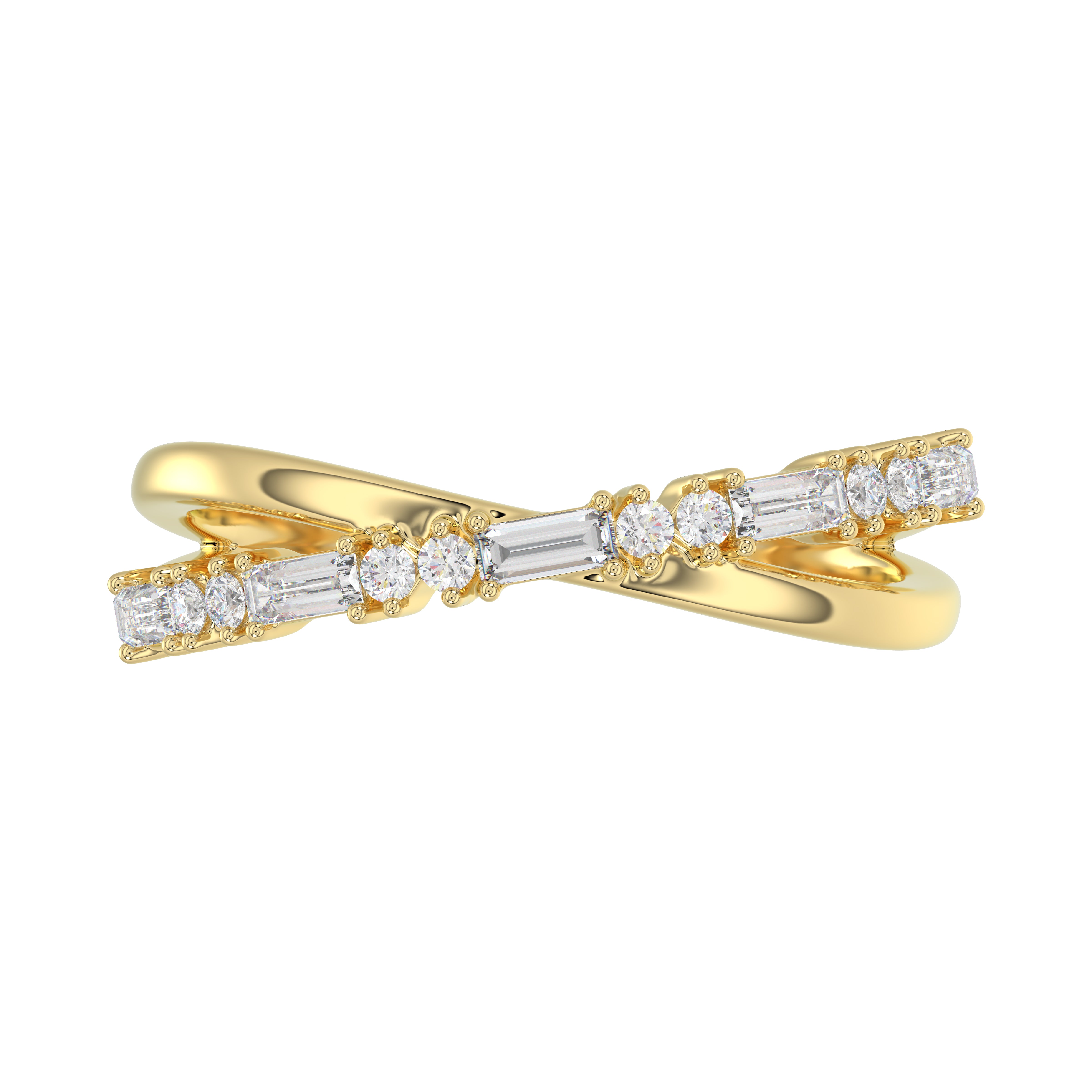 Elegant 10K Yellow Gold Ladies Crossover Ring Featuring Alternating Round And Baguette Diamonds 0.20 Ct. A Modern Fine Jewelry Design For Women.