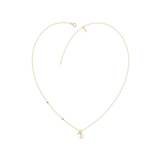 Stylish 10K Yellow Gold Ladies “B” Letter Necklace Featuring Round Ruby Diamonds And Pearl Accents. A Delicate And Personalized Fine Jewelry