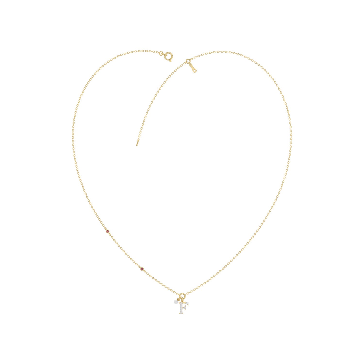Stylish 10K Yellow Gold Ladies “F” Letter Necklace Featuring Round Ruby Diamonds And Pearl Accents. A Delicate And Personalized Fine Jewelry