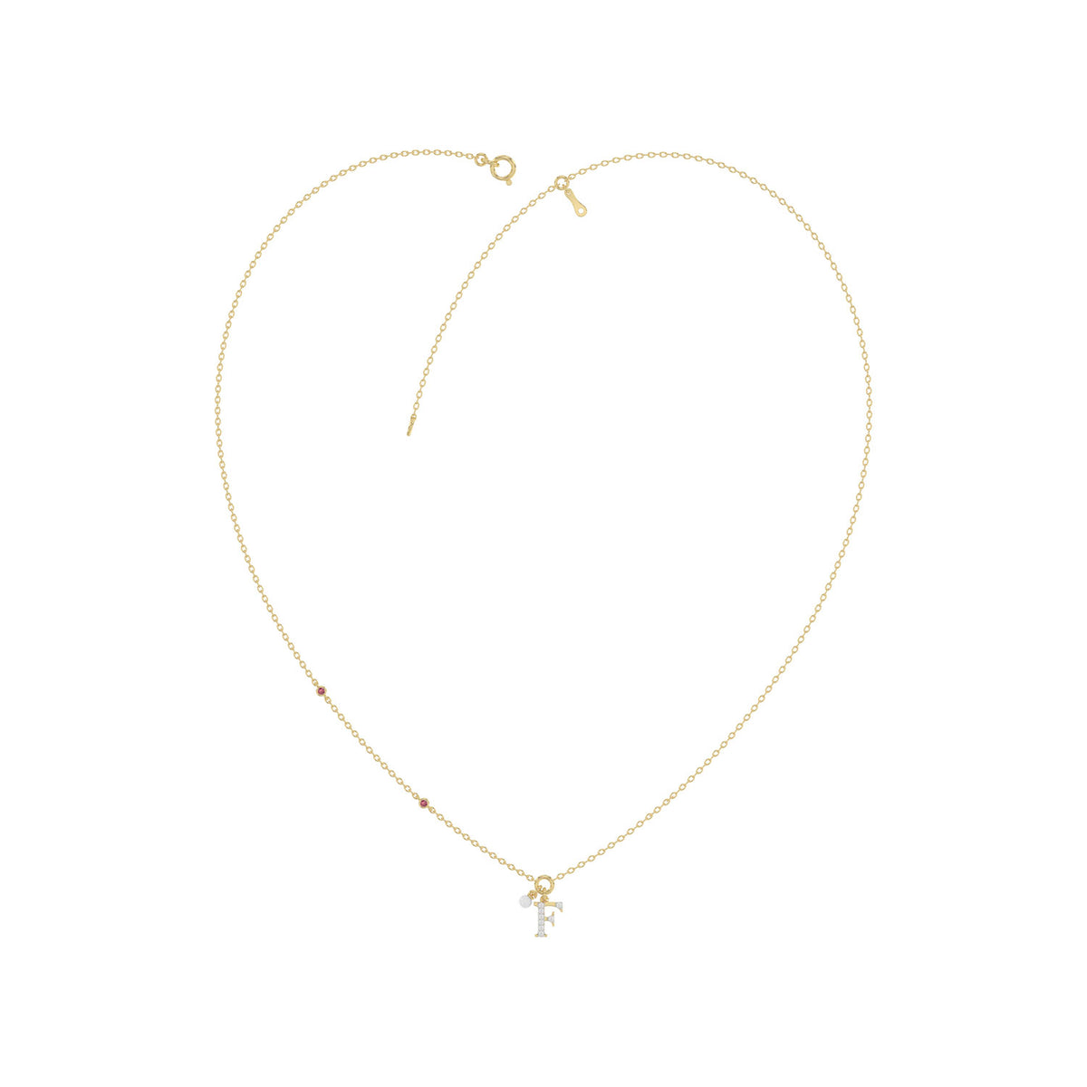 Stylish 10K Yellow Gold Ladies “F” Letter Necklace Featuring Round Ruby Diamonds And Pearl Accents. A Delicate And Personalized Fine Jewelry