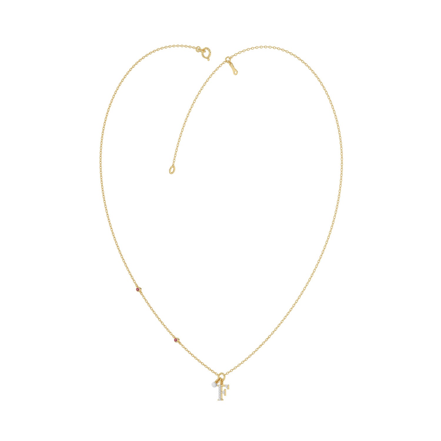 Stylish 10K Yellow Gold Ladies “F” Letter Necklace Featuring Round Ruby Diamonds And Pearl Accents. A Delicate And Personalized Fine Jewelry