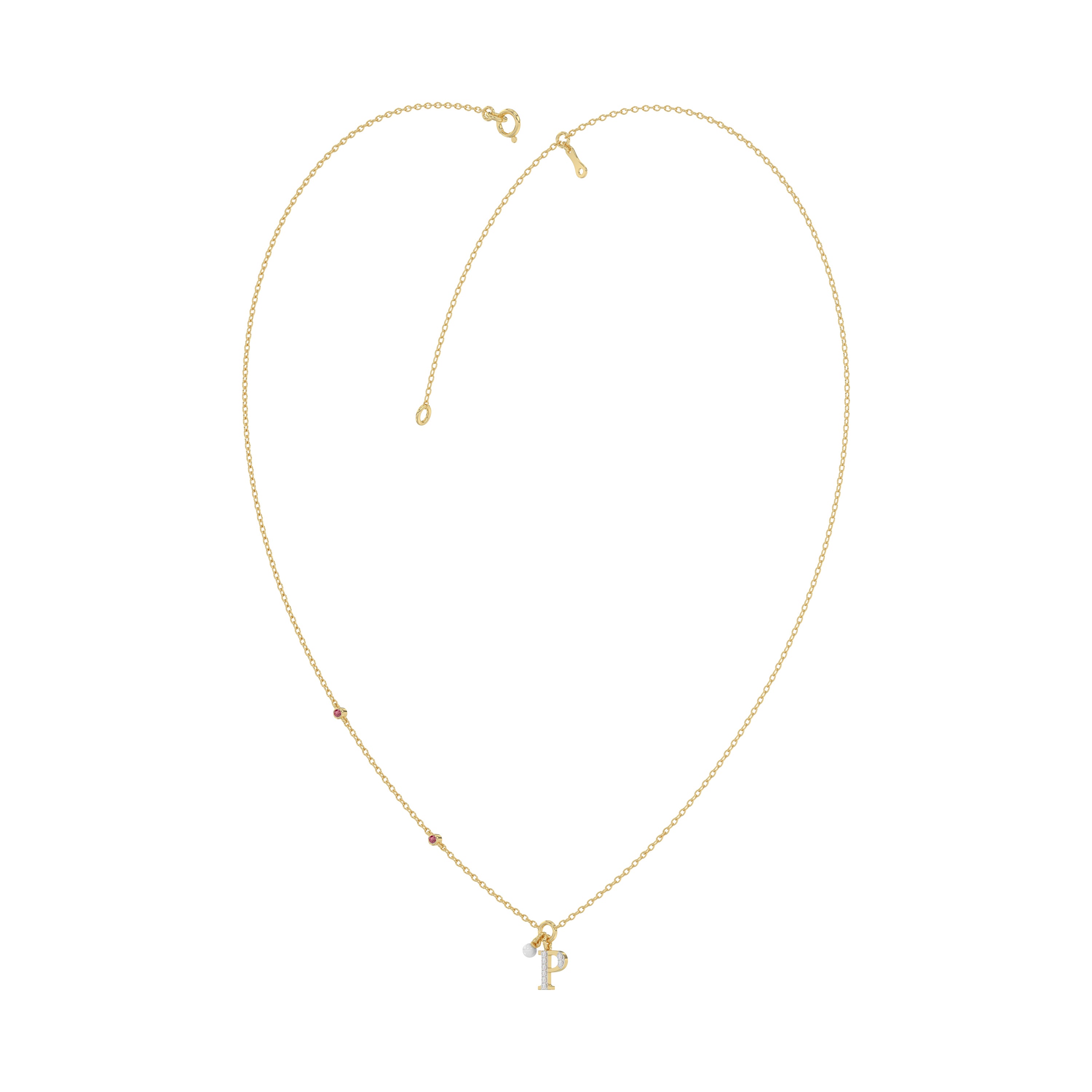 Stylish 10K Yellow Gold Ladies “P” Letter Necklace Featuring Round Ruby Diamonds And Pearl Accents. A Delicate And Personalized Fine Jewelry
