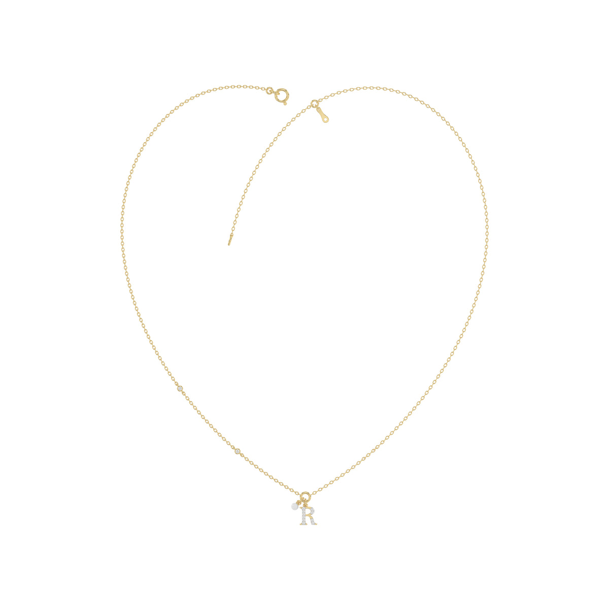 Stylish 10K Yellow Gold Ladies “R” Letter Necklace Featuring Round Ruby Diamonds And Pearl Accents. A Delicate And Personalized Fine Jewelry